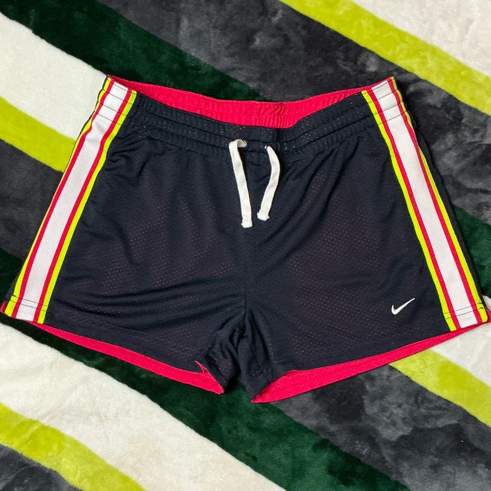 Nike Women's Black Reversible Shorts with Pink and Yellow Stripes Size M